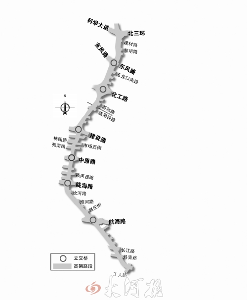 截至目前，僅剩西三環(huán)跨長江路、丹青路高架橋金水河處一座箱梁尚未澆筑。