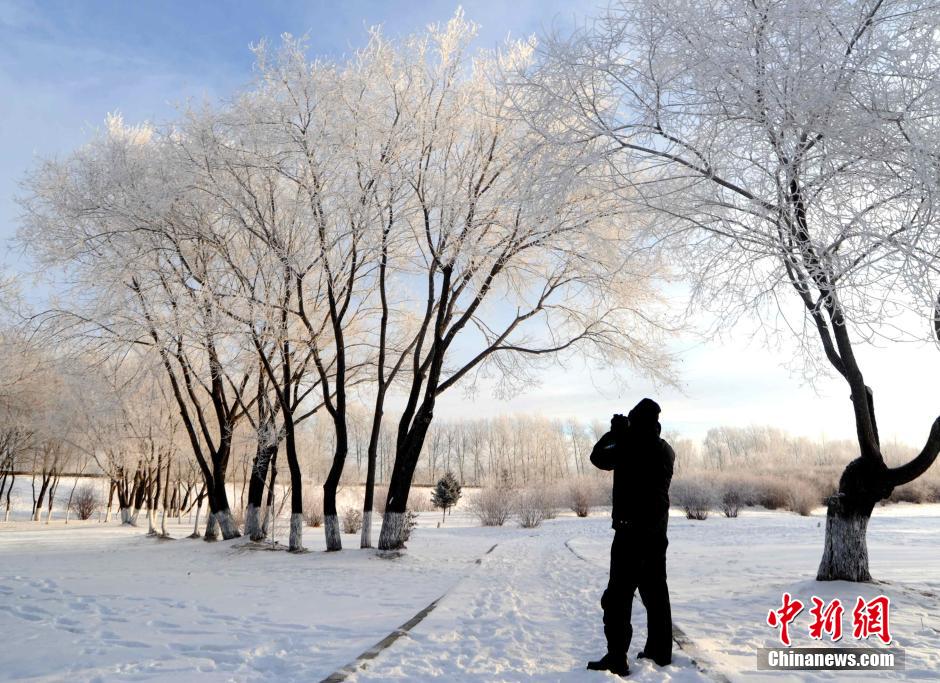 12月10日,受降溫天氣影響,黑河市黑龍江江畔出現(xiàn)綿延數(shù)公里的霧凇景觀。