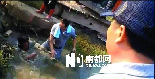男子沒(méi)入水塘后試圖反抗，遭戴黑帽男子毆打。視頻截圖