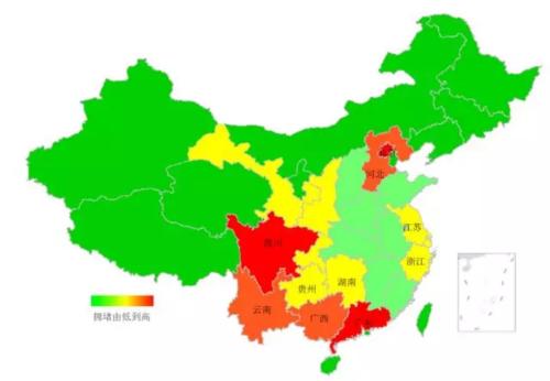 端午期間省域擁堵情況。來源：交通部聯(lián)合其他機構發(fā)布的《2018年端午全國公路網(wǎng)出行預測報告》。