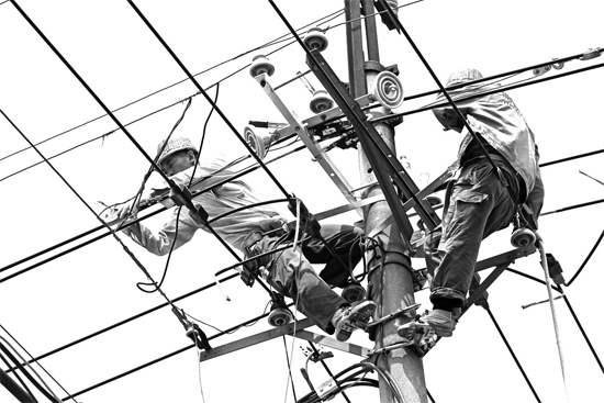 昨日中午，安陽(yáng)市供電公司配電運(yùn)維專業(yè)團(tuán)隊(duì)的工作人員在維修線路