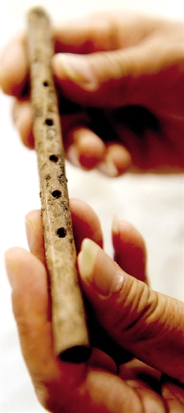 這是近日出土的用丹頂鶴尺骨制成的五孔骨笛。新華社發(fā)