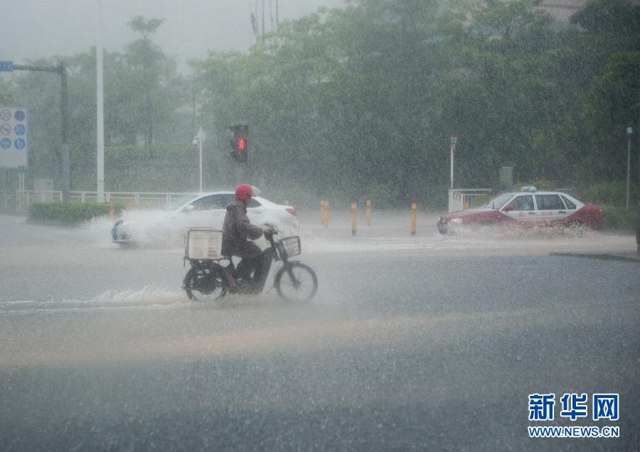 5月11日，車輛在深圳西麗留仙大道涉水前行。