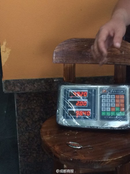 父子倆為大魚(yú)量體重。