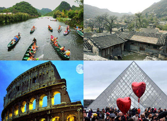 被電視真人秀帶火的旅游景點(diǎn)。左上:云南普者黑;右上:北京靈水村;左下:意大利羅馬;右下:法國巴黎。